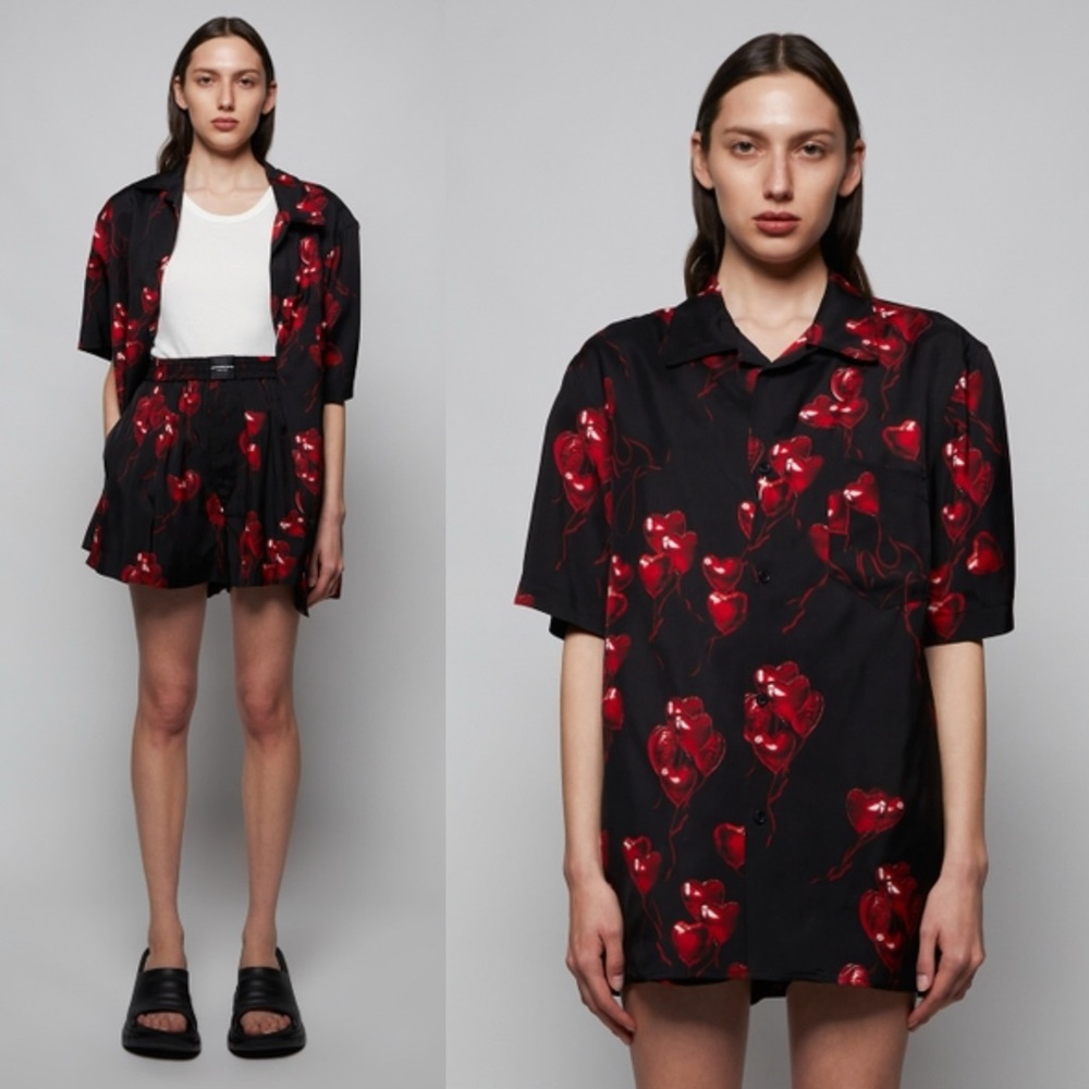ALEXANDER WANG Heart Print Hawaiian Short-sleeve Shirt, Black And Red